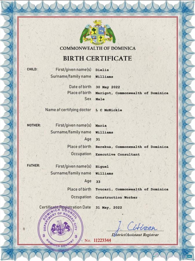 Download Dominica vital record birth certificate PSD template Photoshop template